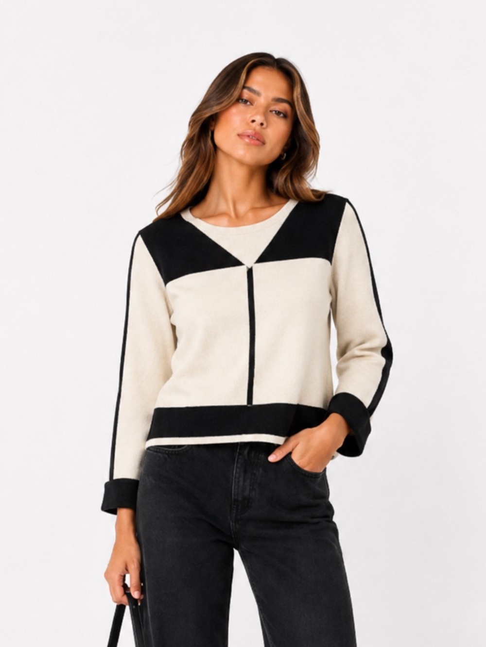 Cynthia Rowley Black Ivory Geometric Crew Neck Pullover Sweater